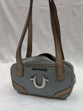 True Religion Small Denim Bowling Satchel with Tan Trim